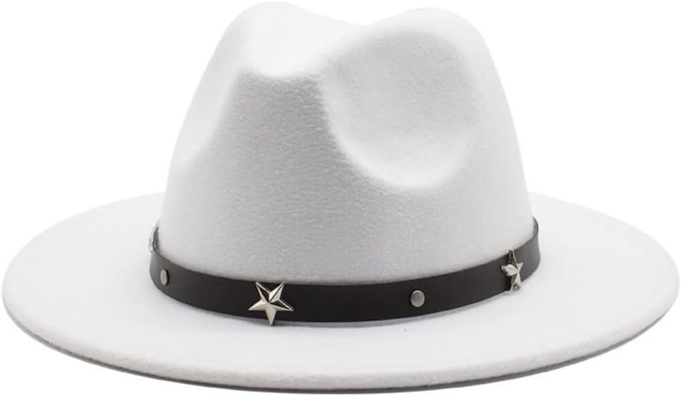 Classic Wool Felt Fedora Hat with Star Studded Band, Wide Brim, White