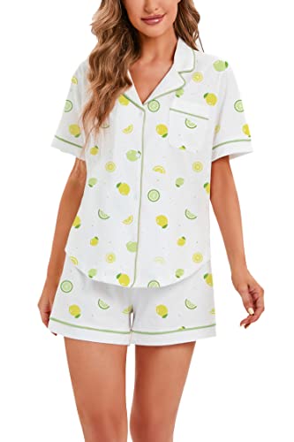 Image of LUBOT 100% Cotton Women's Pajamas Set PJ Set Button-Down Short Sleeve 2 Piece Set Printed Patterned Summer Night Suit Sleepwear Loungewear (Lemon, S)