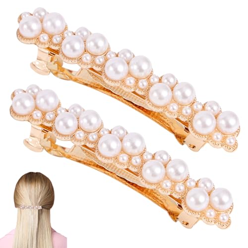 2pcs Pearl Hair Clips for Women, Elegant Gold Pearl Barrettes Metal Snap Fancy Hair Clips for Women Bridal Accessories