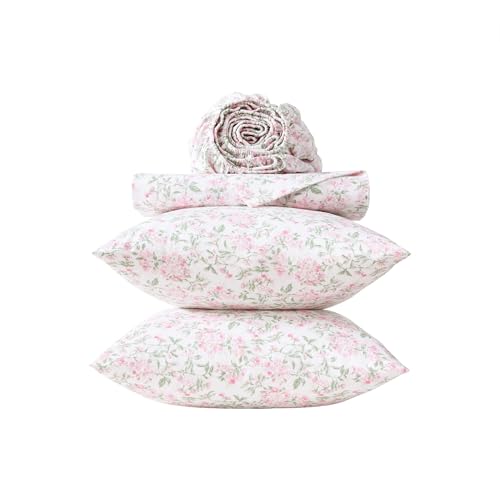 Image of Laura Ashley - Full Sheet Set, Crisp & Cool Cotton Percale Bedding for Year Round Comfort, Deep Pocket, Bed Sheets with Matching Pillowcases (Blossom Bliss Pink)