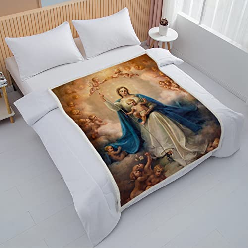 Bedmust Blue Virgin Angel Throw Blanket Virgin Maria Authentic Catholic Blankets Mother Blanket Flannel Fleece Throw Blanket (60X50 Inches) #TOP2