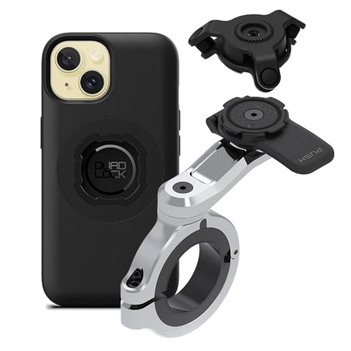 Image of Quad Lock Motorcycle Handlebar Phone Mount PRO Chrome - Large with Vibration Dampener and MAG Phone Case for iPhone 15