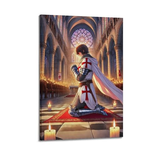 Poster catholique Croisé décoration murale vitrail église et bougies de cathédrale