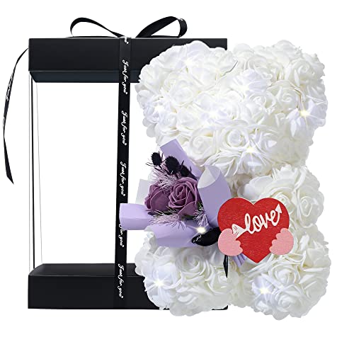 axxxt Mother's Day Rose Bear Gifts for Mom, Rose Flower Bear Gifts for Her Women on Valentines Day, Birthday, Wedding and Anniversary-Clear Gift Box Included(WhiteC)