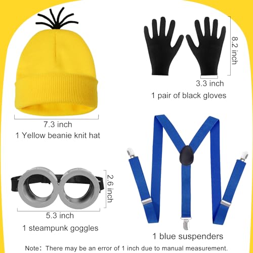 HEYFIZZ 4 Pcs Adult Halloween Costume Accessories,Yellow Beanie/Suspenders/Goggles glasses/Gloves Cosplay Party Set