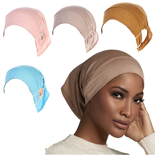 Cntqiang 4 Pieces Muslim Hijab Undercap with Ear Hole Underscarf Inner Cap Jersey Hijabs Tube Bonnet CapsÂ Turban Pink