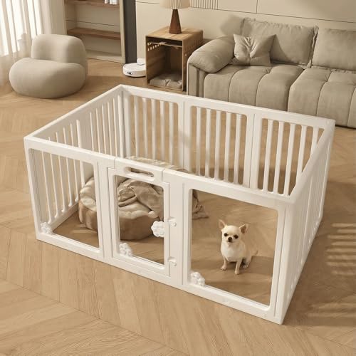 KAPEICamper Dog Playpen Clear Acrylic Pet Puppy Enclosure Cat Rabbit Play Pen Easy Assemble Foldable Crate Whelping Box for Medium Dogs with Gate (White L 10 Panels)