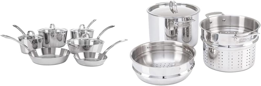 Viking Contemporary 3-Ply Stainless Steel Cookware Set, 10 Piece & Steel Pasta Pot with Steamer, 8 Quart