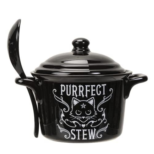 Pacific Giftware Purrfect Stew Serving Pot with Spoon, Ceramic Bowl for Soup Dishes, Approximately 4.72 Inches X 5.91Inches, 14 FL OZ