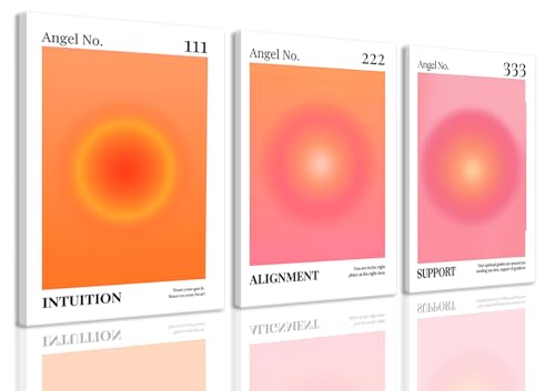 KISSFOX 3 Piece Canvas Wall Art Pink Orange Wall Decor Aura Framed Art Angel Number Pictures Trendy Aesthetic Preppy Paintings For Apartment Dorm Women Girls Bedroom