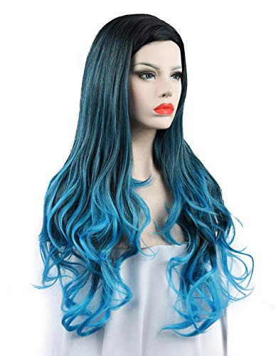 SEIKEA Long Women Wig Ombre Color Black Root Parting in Side Natural Hair with Wig Cap