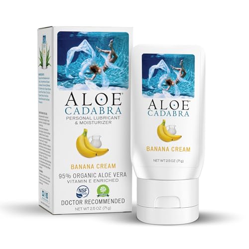 Image of Aloe Cadabra Flavored Personal Lubricant and Vaginal Moisturizer, Organic Edible Aloe Lube for Men, Women, and Couples, Non-Staining, pH Balanced, Toy Compatible (Banana Cream, 2.5 Ounces, 1 Pack)