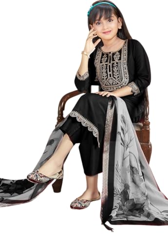 Image of Girls Ethnic Outfit | Embroidered Silk Girls Salwar Suit | Kurta Pant and Jacquard Dupatta Set