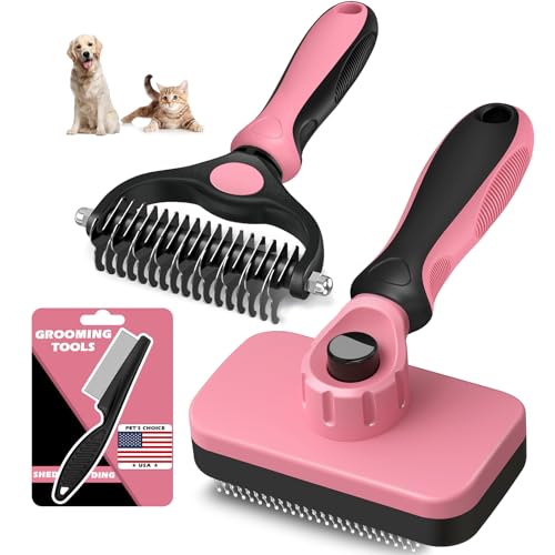 3PCS Self Cleaning Slicker Brush & Pet Grooming Rake & Flea Comb for Dogs,Cats and Horses | Double-Sided Dematting Comb & Skin Friendly Deshedding Grooming Tool | Pet Supplies (Light Pink Black)