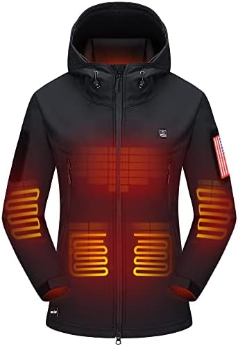 DEWBU Heated Jacket for Women with 12V Battery Pack Winter Outdoor Soft Shell Electric Heating Coat, Women's Black, M