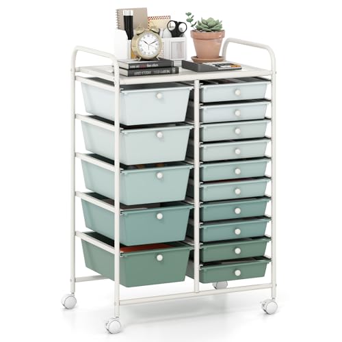 GOFLAME 15-Drawer Rolling Storage Cart, Craft Storage Cart with Removable Drawers & Lockable Wheels, Art Cart Supply Storage Organizer for Home Office Classroom, Green Gradient