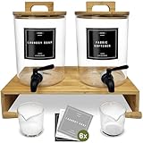 Glass Laundry Detergent Dispenser Set with Bamboo Stand – Liquid Soap & Fabric Softener Dispensers, Refillable Glass Jars with Easy-Pour Spigot & Lids, Laundry Room Organization