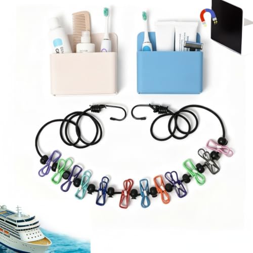 YBEJES Cruise Essentials Kit 2026: Magnetic Toothbrush Holder for Cruise (2 Pack, White & Blue) & Travel Clothesline with Hooks – Disney, Alaska, Carnival, Royal Caribbean Must Haves Packing List