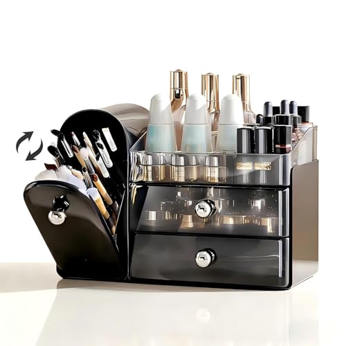 Image of Makeup Organizer for Vanity with Covered Brush Holder,Bathroom Organizers with Drawer,Skin Care Organizer,Makeup Organizers for Vanity with Drawer,Large Makeup Storage for Dresser, Black