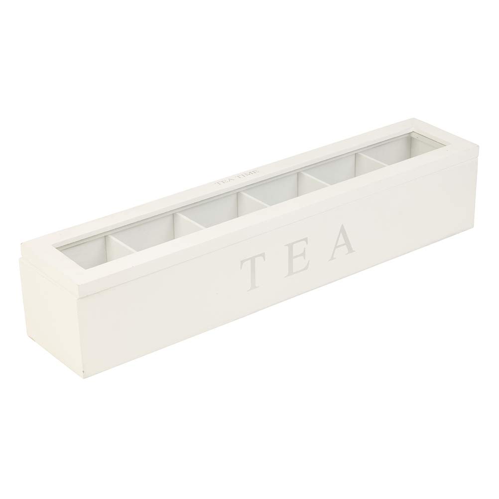 Divided Storage Organizer Container with 6 Compartments Food Storage Bin Wooden Tea Drawer Box Pantry Bin for Snacks Tea Bags Coffee Sugar (White)