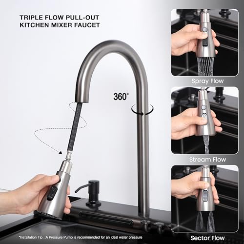 Image of Ruhe Opera Black Smart Waterfall Kitchen Sink | 30x18x9 inches | Digital Display | Pull-Out & RO Faucet | Piano Key Controls | Automatic Cup Washer | 304-Grade Stainless Steel Kitchen Sink