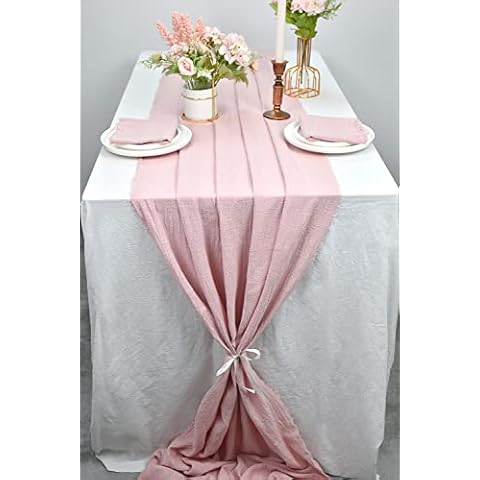 Joanlody Dusty Rose Handmade Gauze Table Runner 25x120 Inches Cotton Cloth Tablecloth with Fringe 10Ft Rustic Table Runner for Wedding Party Bridal Shower Decor Cover