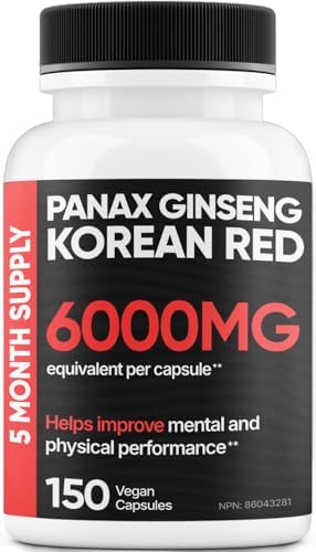 COMFY HEALTH Korean Red Panax Ginseng, 6000mg Per Capsule, 150 Capsules - Non GMO Supplement, Gluten-Free, Extra Ginsenosides for Energy, Focus, Performance, Vitality & Immune Support, Ginseng Root Extract Supplements