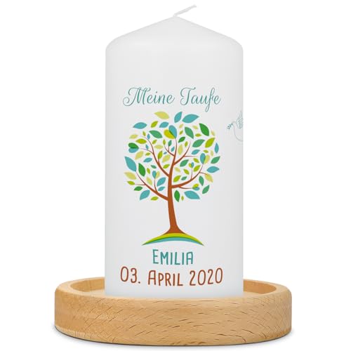 GRAVURZEILE Candela per battesimo con albero della vita con nome, data e battesimo – Candela di alta qualità 120/57 mm stampata brillantemente – regalo di battesimo personalizzato per ragazze e