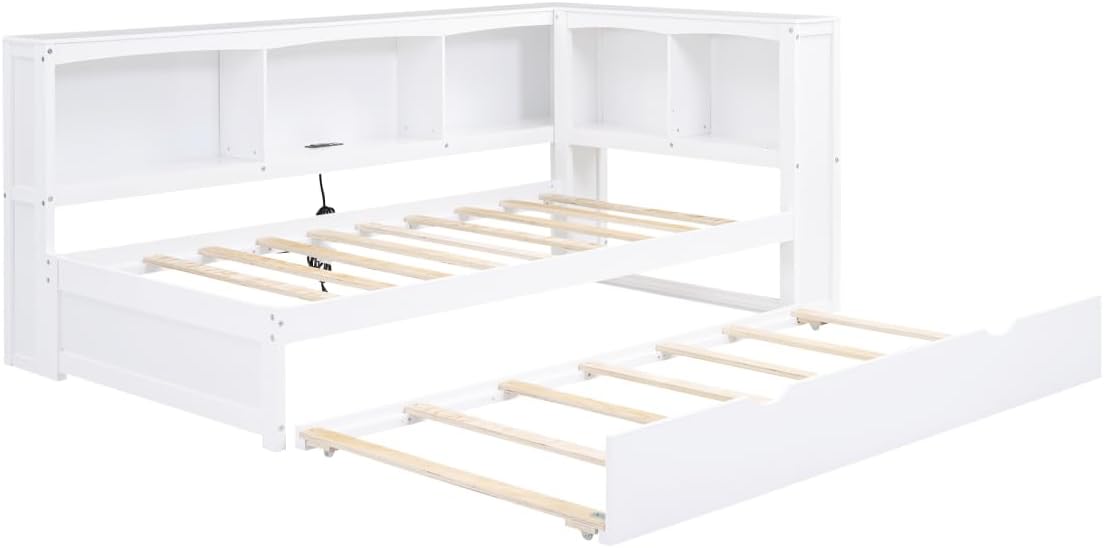 L-Shaped Twin Bookcase Bed with Trundle,Daybed with Storage Bookshelf Headboard and USB Ports for Kids Girls Boys-White