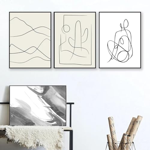 Toile Ligne Abstraite KEBIA Visage Figure 20x30 cm Affiche Murale Salon Set de 3 Tableaux Minimalistes