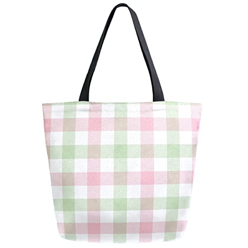 Pink Green Plaid Pattern Extra Large Canvas Shoulder Tote Storage Top Handle Bag for School Gym Weekender Beach Travel Reusable 