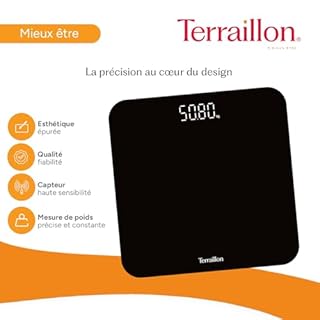 TERRAILLON - Balance Pese personne électronique, Pese personnes ultra plat 26cm x 26cm, Plateau verre, Visibilité optimale avec un son écran LCD, Jusqu'à 180Kg, Précision 100g, TSQUARE Noir
