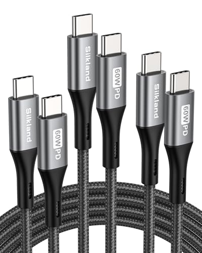 Silkland Kabel USB C na USB C, 60 W, 3 sztuki [50 cm + 1 M+2 M], 20 V/3 A PD 3.0 QC4.0 kabel do ładowania USB C na USB C do iPhone 16/15 Pro Max, Samsung Galaxy S24 S23 Ultra, iPad Pro/Air/Mini6,