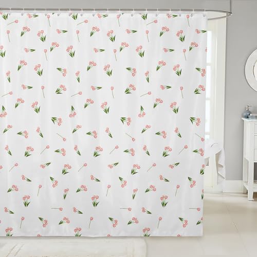 jejeloiu Girls Cute Tulips Shower Curtain Pink Floral Bath Curtain for Kids Botanical Flower Bathroom Waterproof Accessories with 12 Hooks Fresh Cute Waterproof Polyester 72x72 Inches