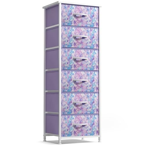Sorbus Fabric Dresser for Kids Bedroom - Chest of 6 Drawers, Tall Storage Tower, Clothing Organizer, for Closet, for Playroom, for Nursery, Steel Frame, Fabric Bins - Wood Handle (Tie Dye Purple)