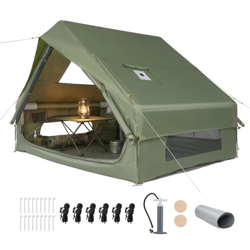VINGLI Inflatable Camping Tent All-Weather Inflatable Hot Tents with Stove Jack Blow Up Tent for Camping with Mesh Doors & Windows Inflatable Air Tents for Camping Adult (Dark Green 3-5 Person)