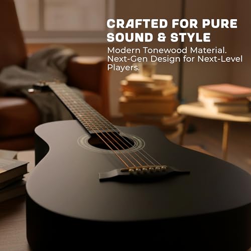Image of Revel 38 Inch Acoustic Guitar Cutaway Wooden Guitar with High-Gloss Finish, Steel Strings, Smooth Tuning Pegs, Includes Carry Bag, Picks & Sting winder Guitar for Adults. (BLACK)