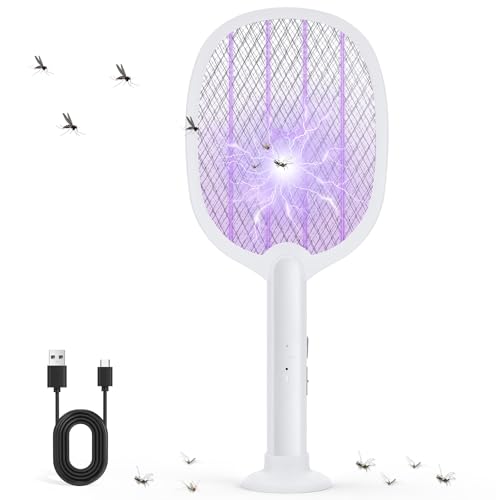 Raquette électrique Insectes Rechargeable, Raquette Anti-moustiques électrique avec Socle Stable, Forte Puissance pour Éliminer Moustiques, Mouches, Mites, pour Maison, Cuisine & Jardin