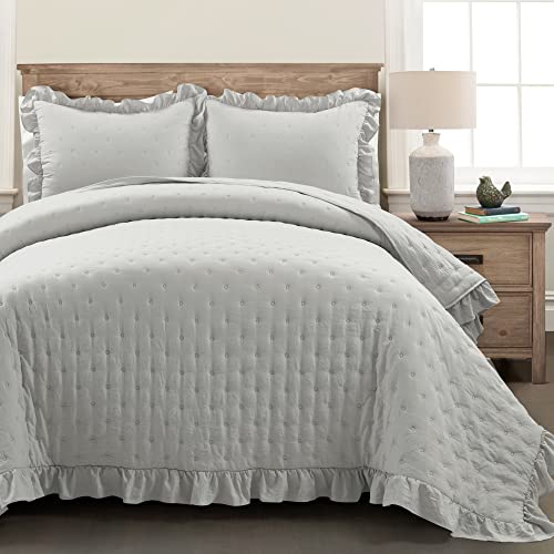 Lush Decor Reyna Ruffle Reversible Oversized 3 Piece Quilt Set, Full/Queen, Light Gray