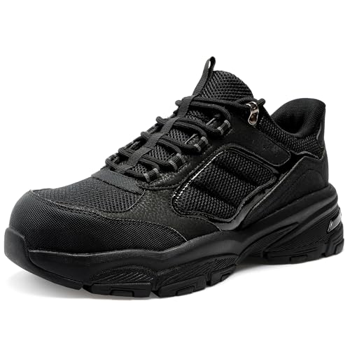 YMXSUPPER Steel Toe Shoes for Men, Hands Free Step in Work Sneakers, Lightweight Slip On Safety Shoes, Breathable Puncture Resistant Industrial Construction Footwear All Black 9.5