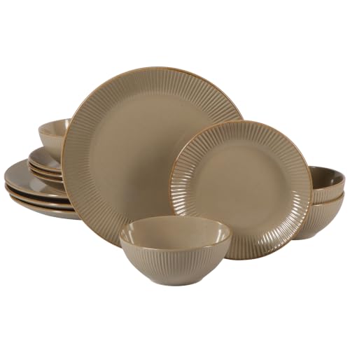 Image of Gibson Home Plates and Bowls Set, 12 Piece Dinnerware Set for 4, Beige