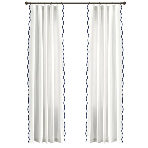 Image of Lush Decor Coastal Chic Scalloped Edge Light Filtering Window Curtain Panels Pair, 52 inch W x 84 inch L, Navy & White - White Curtains for Living Room - Coastal Decor
