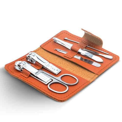 Set Manicure 7 in 1 con Pochette - Kit Unghie Mani e Piedi da Viaggio con Pinzette Tronchesi Forbicine Lime - Elegante Compatto e Multiuso