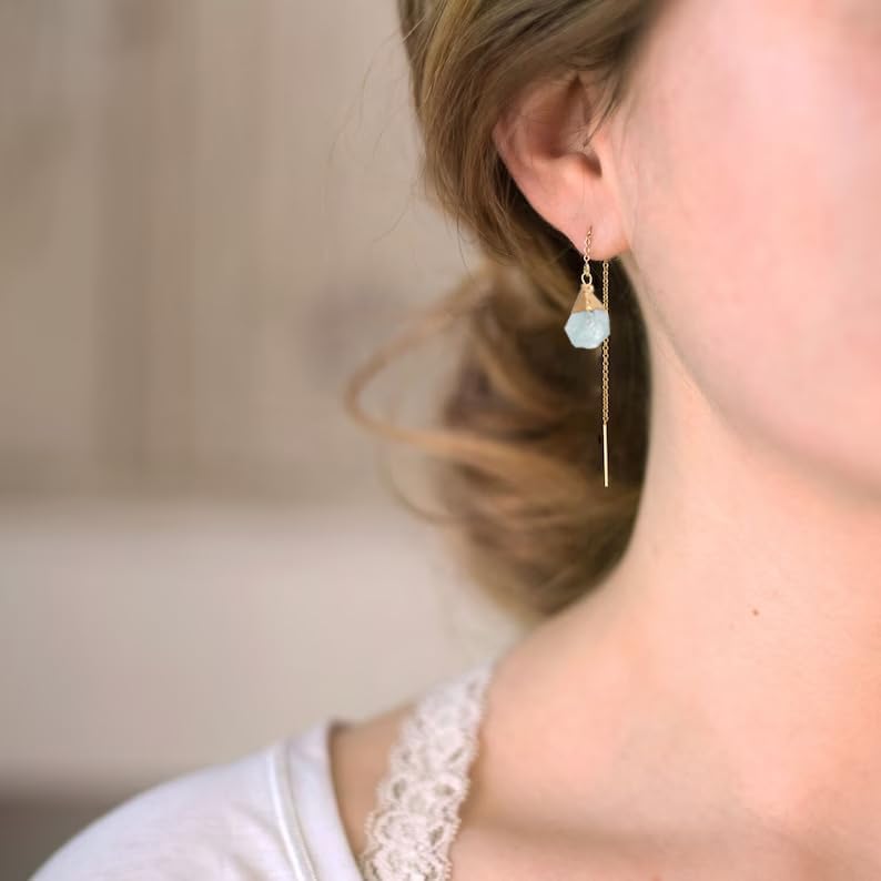 Crystal Dangle Earrings, Long Chain Drop Earrings Gemstone Threader Earrings 14K Gold Plated Earrings for Women Trendy - Image 2