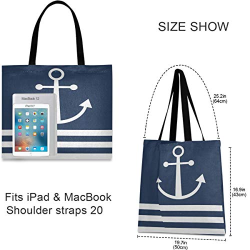visesunny Women's Large Canvas Tote Shoulder Bag Nautical Stripe Anchor Navy Blue Top Storage Handle Shopping Bag Casual Reusable Tote Bag for Beach,Travel,Groceries,Books2