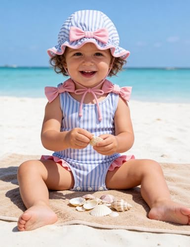GEMLON Baby Girls One Piece Swimsuit Ruffled Bow Strap Color Block Stripe Bathing Suit for Summer Beach 18-24M Swimsuit Girl — view 2