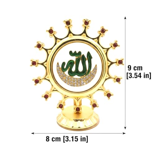 Image of Allah Calligraphy Idol Metal Gold Plated for Home, Prayer, Islamic Elegant Showpiece in Crystal Stones & Sunburst Design for Office, Car Dashboard & Gifts