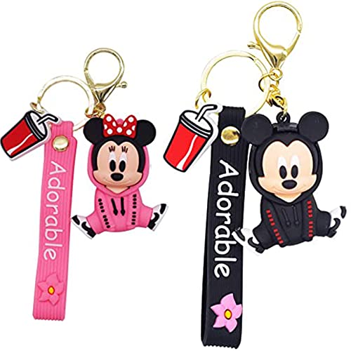 Lot de 2 porte-clés disney, Mickey Mouse Keychain de dessin animé, porte-clés Mickey et Minnie - Porte-clés Mickey Cartoon - Porte-clés de dessin animé (rose + noir), rose, L