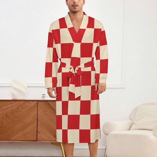 Red And Cream Plaid Checkered Soft Robe Long Sleeve Bathrobes V Neck Sleepwear Spa Robes with Belt Men Woman2