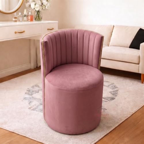 Image of Luxury Velvet Ottoman Chair Pouffe Stool-Modern Round Soft-Padded Chair for Dining Room, Living Room /Cafeteria Seating /Bedroom and Dressing Area /Ottoman with Backrest (Pink)